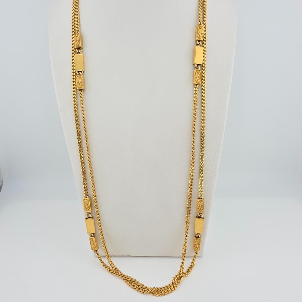 Vtg MONET Station Necklace Mid-Century Curb Chain Triple Yellow Gold Plated 52"